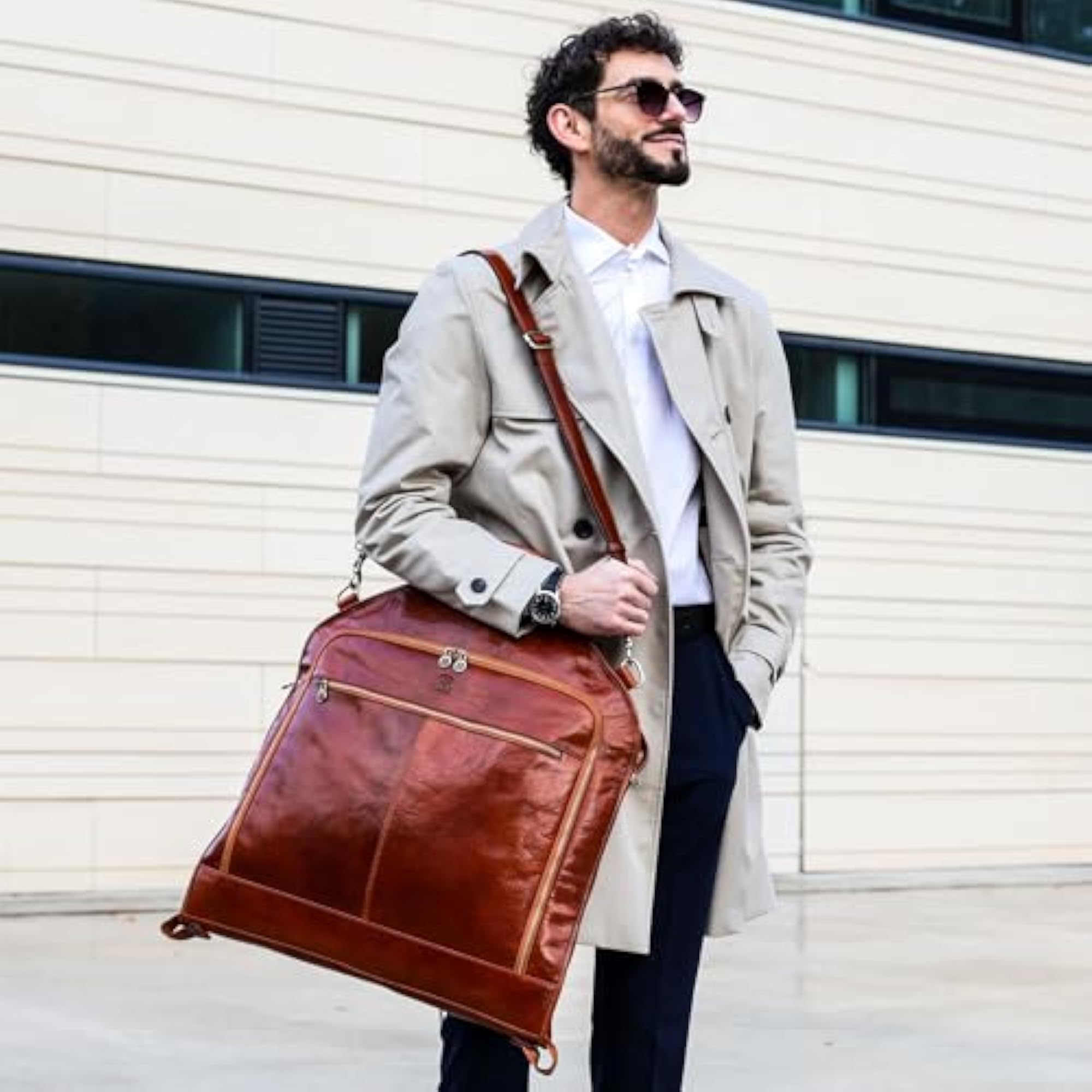 Cognac Leather Garment Bag for Dress Protection